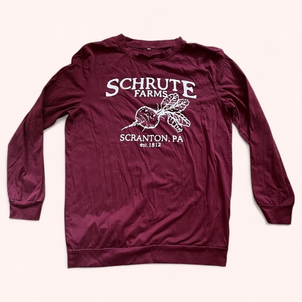 Schrute Farms Maroon Soft Cozy Long Sleeve Tee Unisex M The Office Fan Shirt